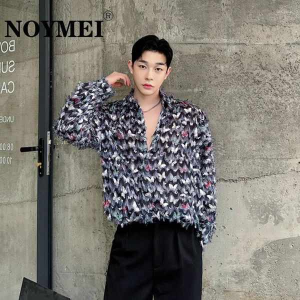 Мужские повседневные рубашки Noymei весна/лето модный модный 3D -бабочка декоративный дизайн свободная рубашка с длинным корейским стилем мужской топ