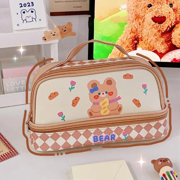 Bolsas de armazenamento Saco de lápis Cartoon Double Camadas de grande capacidade Contêiner de papelaria à prova d'água Bearre Instr para a escola