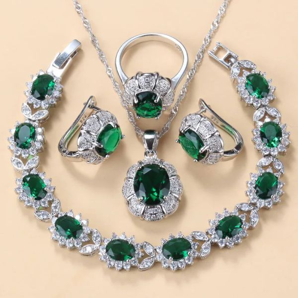 Strands Collana da sposa e orecchini set di gioielli per donne abiti da sposa in costume verde zircone Bracciale e anello