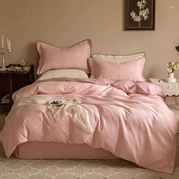 Set di biancheria da letto 2024 cotone lungo in cotone a quattro pezzi Linence est semplice colore semplice in stile nordico rosa
