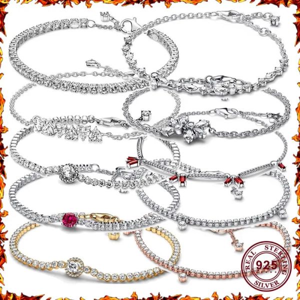 Strands New Hot 925 Silver Sparkling e Red Tennis Women's Love Sign Bracciale Flower per gioielli di fascino originale