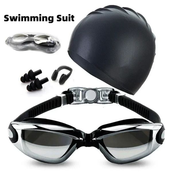 Arma de natação para adultos HD Antifog Goggles Definir tampões para os ouvidos de clipe de silicone à prova d'água e homens de boné 240416