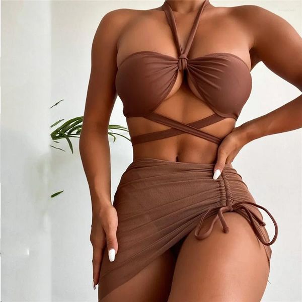 Set di bikini da bagno femminile set sexy bandeau a tre pezzi bandeau 2024 push up costumi da bagno con gallo in maglia bendaggio incrociato biquini