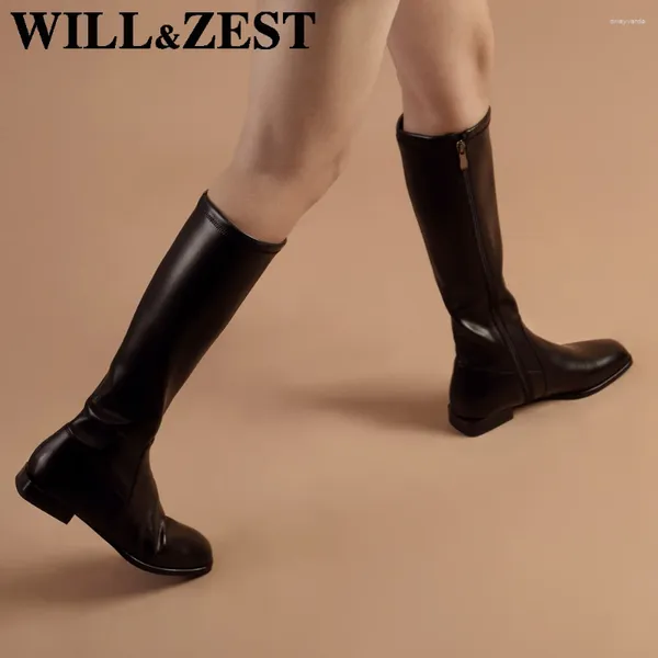 Botas Willzest Women Winter High Pipe Long Bota sobre o joelho de couro preto cossacos ocidentais Mulher