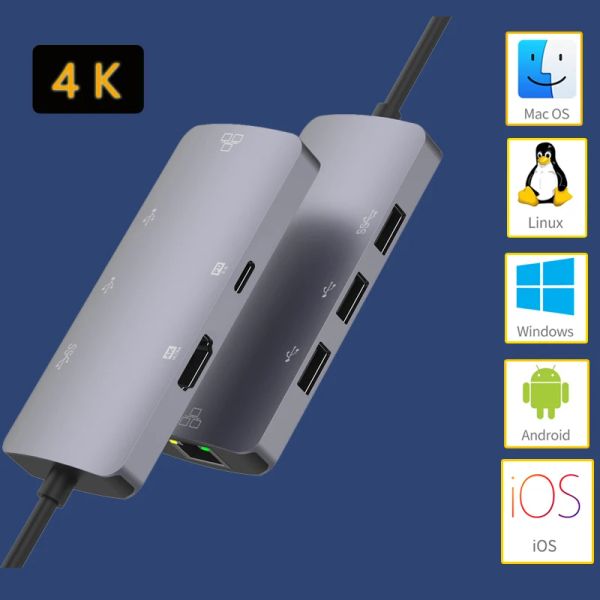 Hubs Plug and Play per Mac OS/Windows/Linux/Android/iOS Multifunction Docking Typec su HDMI Converter USBC Hub USB 3.0 Adapter 4K