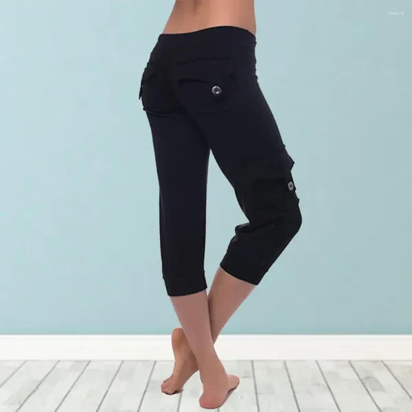 Pantaloni da donna a metà corsa da yoga multipocchi a colori solidi sportivi sportivi bulaficanti donne skinny gambings attivi abbigliamento