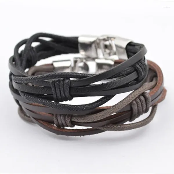 Bracelets de charme de alta qualidade de titânio aço de aço multicamada de couro trançado jóias pretas marrons