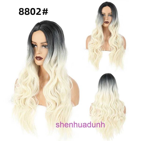 Designer Wigs Human Hair for Women Fibra química Fibra longa peruca Curly Bandada preta Gradiente dourado O onda grande e fofa tingida