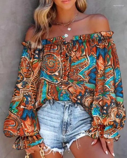 Frauenblusen sexy Top Frauen 2024 OFF Schulter Boho Print geschlitzte Nacken Schnürung Stammeslaternenhülle Loose Domens Tops und