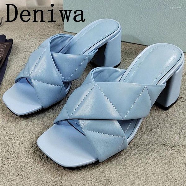 Hausschuhe 2024 Women Chunky Heel Peep Toe Runway Designer Kreuz gebundene weibliche Urlaubsstrand Slip auf faulen Schuhen für Mujer