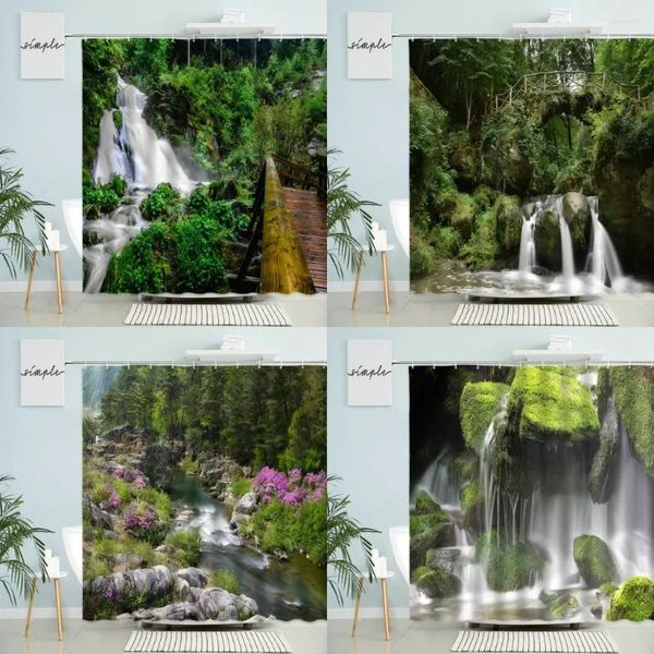 Tende per doccia cascata foresta paesaggio tende naturale scenario decorazione del bagno piante verdi fiori di pietra lago parco schermo primavera
