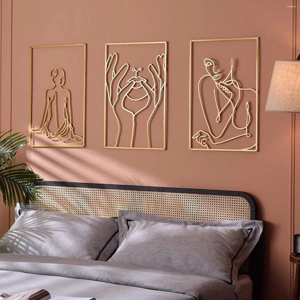 Estatuetas decorativas de arte minimalista de metal real decoração de parede suspensa moderna abstrata esculturas de linha única feminina para sala de estar do quarto