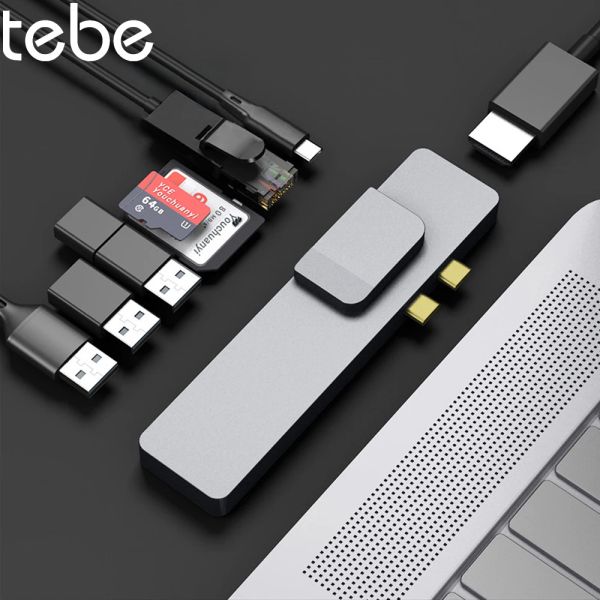 Hubs Tebe Dual Typec Hub USB C 3.1 bis HDMI RJ45 Gigabit Ethernet SD/TF Kartenleser Multi USBC Splitter für MacBook Pro M1/Air