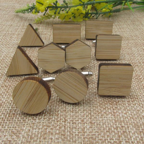 Links 6pair Geometrische Holzmanschettenknöpfe Bambuskreis Quadratdreieck Hexagon Rechteck Holz Manschettenblende Vater Männer Accessoire