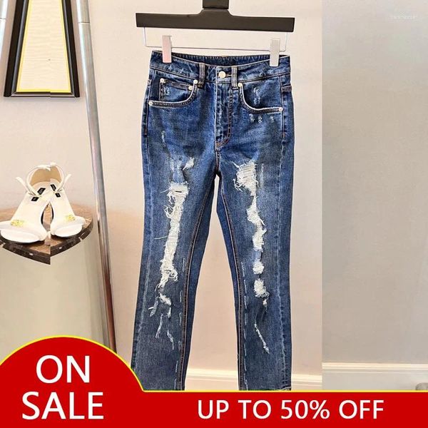 Jeans femininos à venda pista de moda de alta qualidade rasgou calças compridas calças de jeans retas de perna reta vintage azul