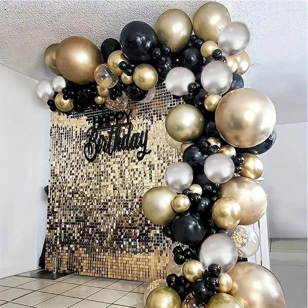 Decoração de festas Black Gold Silver Balloon Garland Arch Kit 141pcs Latex para Celebração de Aniversário de Aniversário de Casamento Decoração Interior