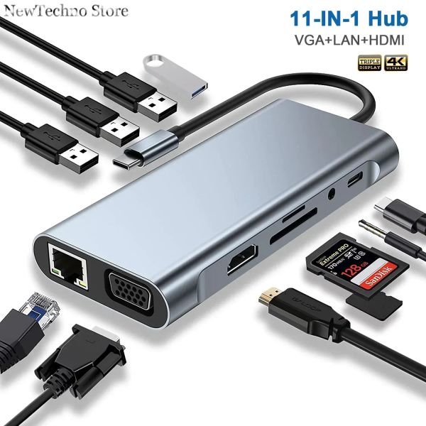 Hubs USB C HUB STAZIONE STAZIONE DI DOCK TYPE C TO 4K Adattatore HDMI OTG con VGA Thunderbolt 3 PD RJ45 Ethernet SD/TF 3,5 mm per MacBook Pro/Air