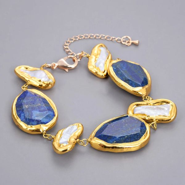 Fios de lapis de pedra natural de pedra natural Belé de lapis azul branca Biwa Pearl Gold Color Bracelet 8 '' '