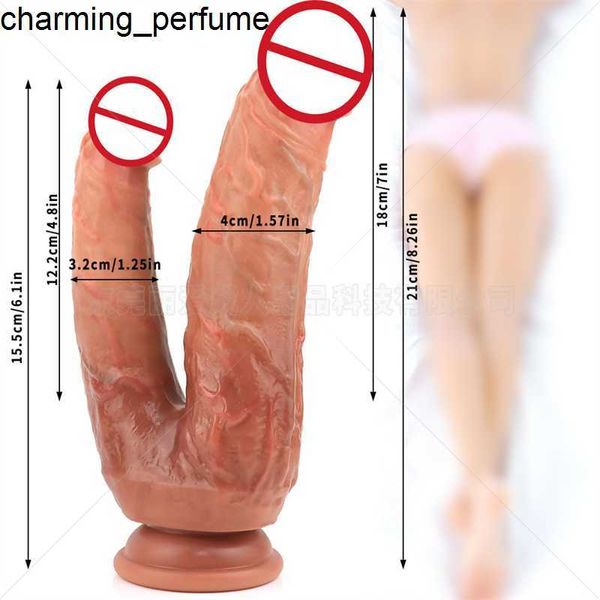 Dildo silicone a doppio tubo realistico Perfetto di dimensioni grandi giocattoli sessuali anali per donna masturbazione vagina ano pene