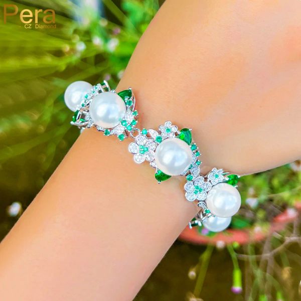 Strands Pera grazioso Big Pearl Flower Charm Green White Cubic Zircone Tennis Chain Bracciale per Women Fashion Costume Party Gioielli B258