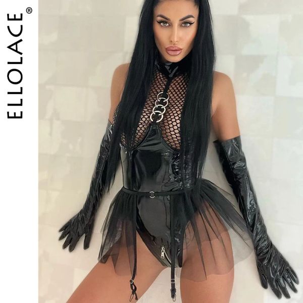 Accessoires Ellolace Pornosfischer Netz Latex Bodyuit Rüschenstädte Halfter sexy Kostüm 2 Stück Sissy Reißverschluss Offener Schritt Leder Körper Teddy Teddy