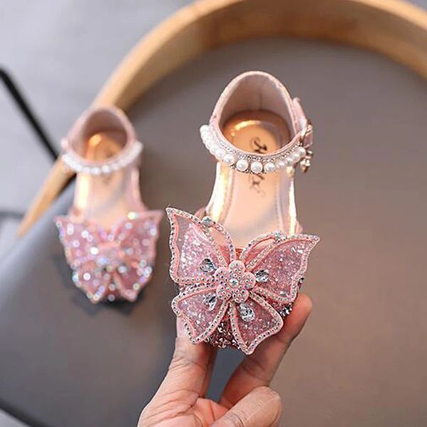 Yaz Kızlar Sandalet Moda Sequins Rhinestone Bow Girls Prenses Ayakkabı Bebek Kız Ayakkabı Düz ​​Topuk Sandalet Boyutu 21-35 240422