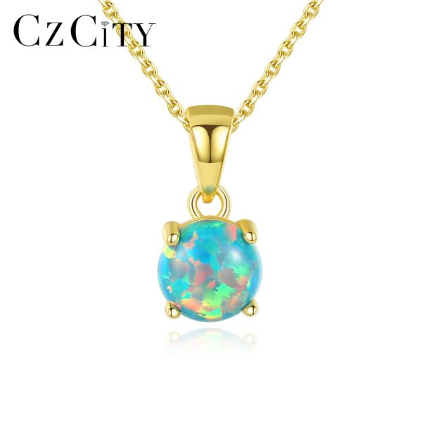 Collane CZCITY Blue Green Round Fire Opal S925 Sterling Silver Chain Silver Gold Gold Trendy Bridal Wedding Gioielli di lusso Natale