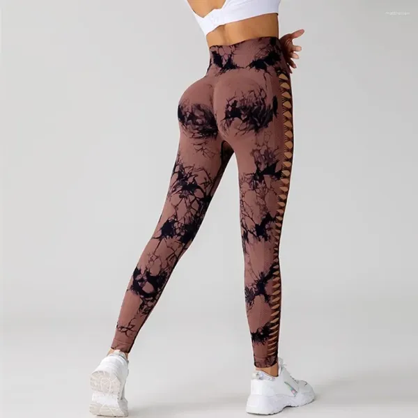 Leggings femininas Sexy Hollow Out Tummy Control Sports Sports Tights Running Fitness Girls Tie Tye Dye High Cantura Alta Pant Yoga