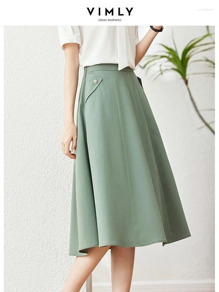 Röcke Vimly Elegant Eine Linie für Frauen Büro Frau 2024 Mode lässig Solid Green Green Elastic Taille Summer Clothing