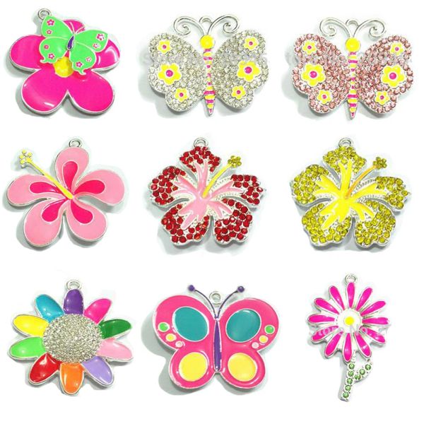 Halsketten Großhandel 10pcs/Bag Emaille/Strass tropische Blumen, Schmetterlingsanhänger für Ostern/Sommer Schmuck/sommerliche Kinder Halskette machen