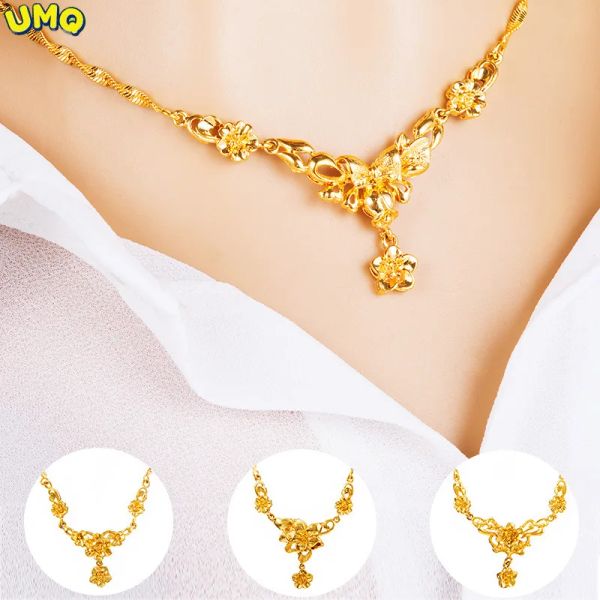 Colares 24K Colar de flores femininas banhado 100% Real Gold 24k 999 Conjunto de casamentos de noiva 999 Clavicle fêmea pura jóias de ouro 18k