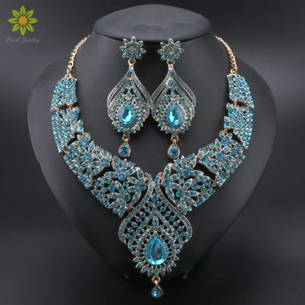 Colares Mulheres Brincos de cristal azul de luxo colar Jóias de noiva Jóias Conjunto de Jóias de Casamentos Elegantes Fantas de Bail
