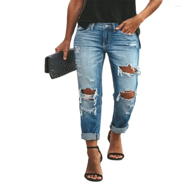 Kadınlar Kot yaz 2024 Moda Euro-Amerikan tarzı sokak kıyafetleri Kadın Orta bel yıkamış kırık delik düz tip Kovboy Pantolon