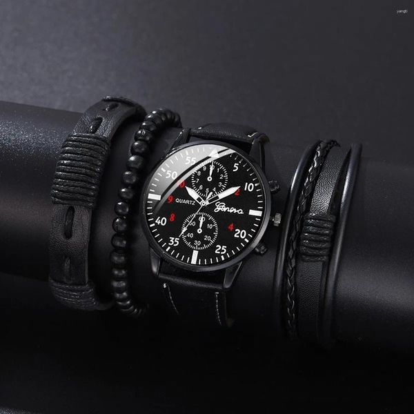 Armbanduhren 4pcs Set Fashion Mens Uhren Männer Halskette Armband Leder Quarz Uhr MALD BUSING CLASSION WAND REGIO MASCULINO