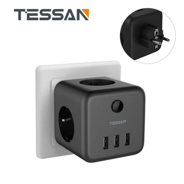 Chargers Tessan UE Standard Wall Socket Power Strip Cube com 3 pontos de venda e 3 portas USB Multi Sockets Adaptador de carregador com interruptor liga/desliga