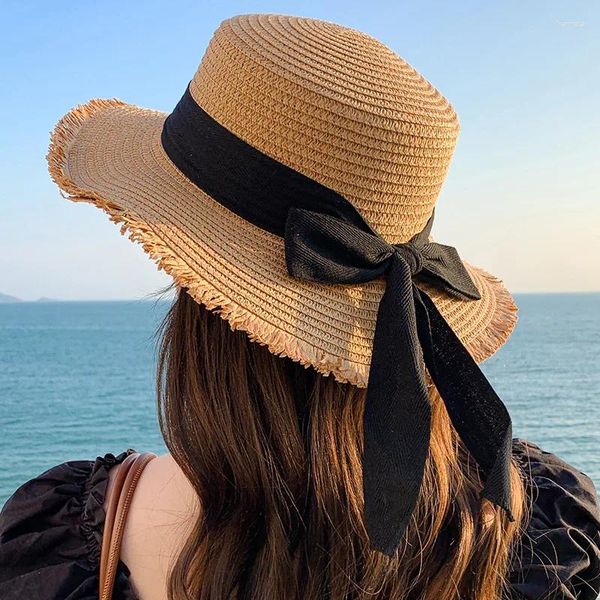 Weitkrempeln Hüte Frauen Mode Strohhut mit Bogenband Sommer Anti-Uv-Sonnenschutz Visor