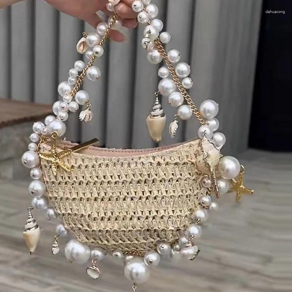 Abendtaschen Perle Conch Sattel Strohbeutel handgefertigte Weave -Handtasche für Frauen Luxusdesigner 2024 im Fashion Pentagramm Schulter Beach