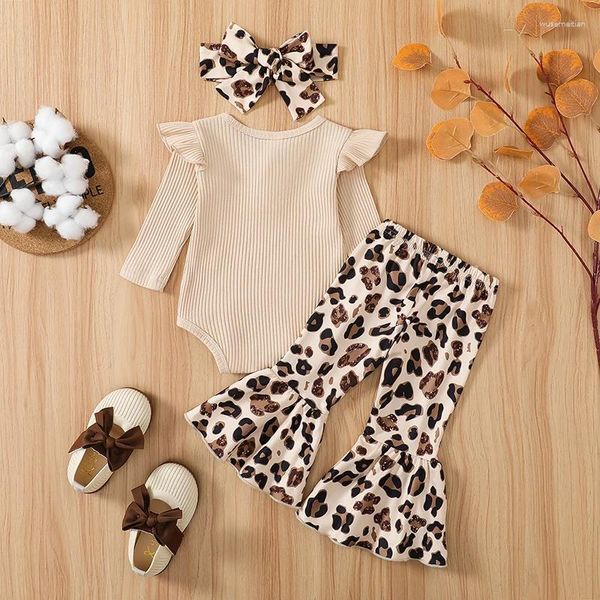 Giyim Setleri Bebek Kız Bebekler Sonbahar Tulum Düz Renkli Şeritli Kol Yuvarlak Boyun Romper Leopar İnek Flare Pantolon