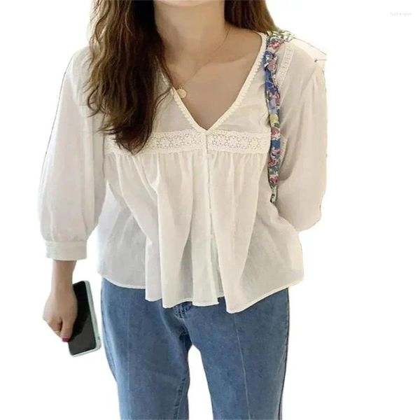 Camicette da donna 2024 Fashion Design v Neck Cown Colore Solido abbottonate Shirt Tops Casualmente Corea Corea sciolta Summer Summer Women Clothing