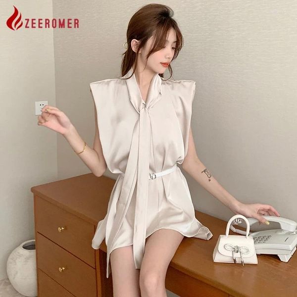 Lässige Kleider 2024 Sommer koreanische Büro Dame Modes Ärmel und lose Satinhemd Kleid eleganter solider Vintage mit Gürtel