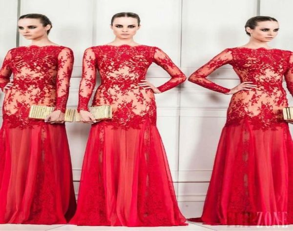 Zuhair Murad 2016 Вечерние платья Bateau красная русалка прозрачная кружевная вечеринка с длинным рукавом платья для вечеринок по полу