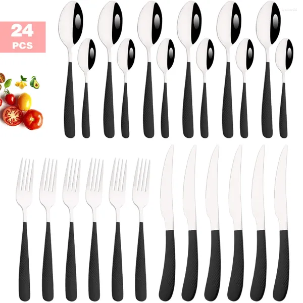 Kabelwarensets Spiegel schwarz Silber 24pcs Set Edelstahl Tischgeschirr Steak Messer Fork Kaffeelöffel Teasoon Flatware Silber