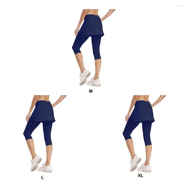 Calças ativas Azul escuro Comfort Fit Yoga Skirted Capris Leggings com bolsos parecem relaxados e confiantes durante