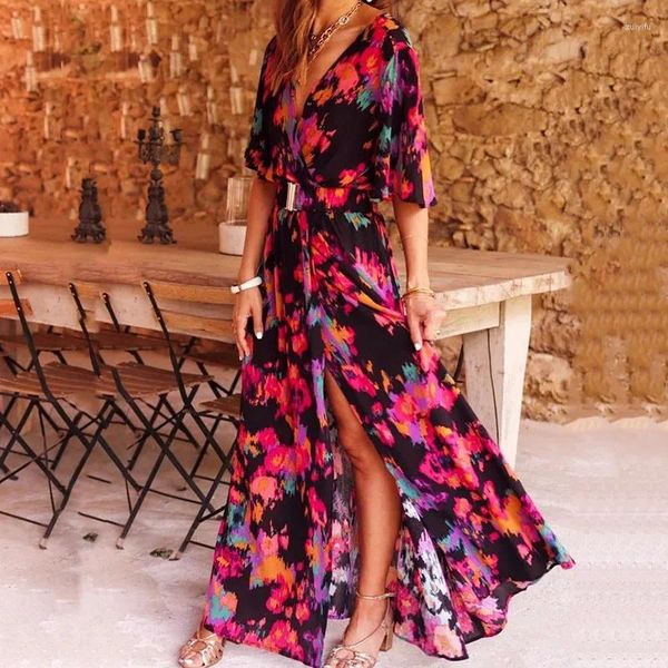 Lässige Kleider Damen Damen Deep v Hals Halbärmel A-Line Kleid Mode gedruckte Schnüre-up Langes Hemd Frauen elegant schlank Boho Print Party