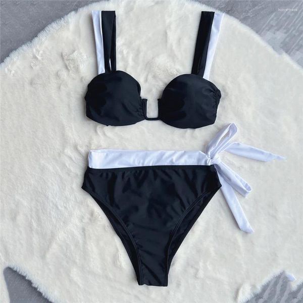 Set di bikini da bagno femminile set sexy black white contrasto costumi da bagno2024 da donna in bikini ad alta vita push up da bagno costume da bagno annodate abitanti brasiliani brasiliani