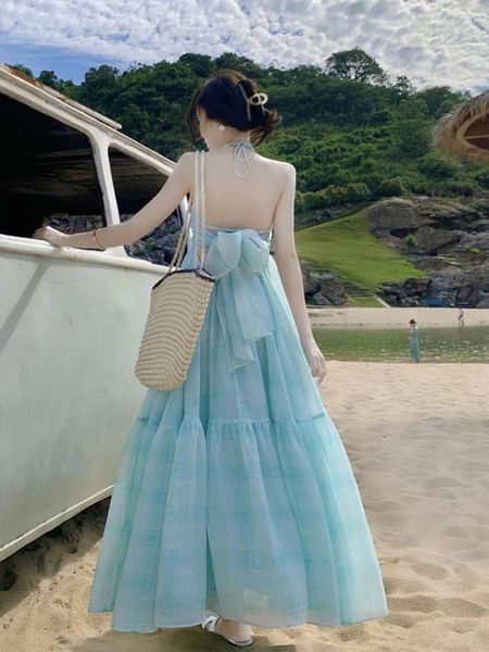 Повседневные платья французское супер -фея платье на шее летние морские каникулы Sanya Beach Beautiful Romantic Long Vestido