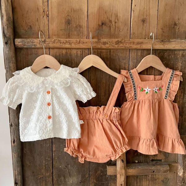 Pezzi un bambino carino bambino estivo ricamo retrò ricamo moda in pizzo peter pan collare ghirt ragazze semplici fiocchi di cotone in cotone imbracatura