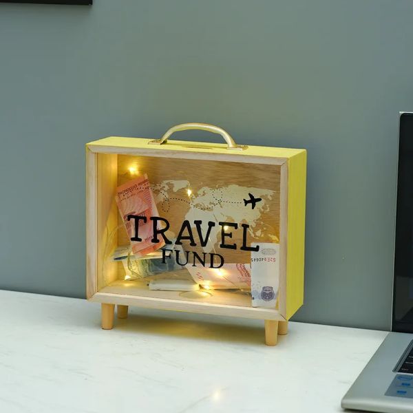 Scatole Night Light Wooden Piggy Bank Money Box Travel Fund Money Box Stone Carma Piggy Banca Decorazioni per la casa Regalo per la casa