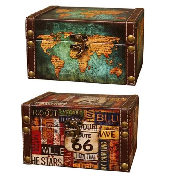 Bins Leater European Style Letters World Map Multipurpose Retry Treasure Chest Mustesake Case Storage Box Organizzatore Sundries