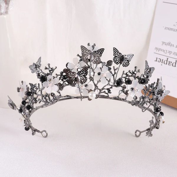 Takı Siyah Gelin Taç Barok İnci Rhinestone Kronlar Tiara Kelebek Saç Bandı Düğün Saç Aksesuarları Prenses Taç Gelin Tiaras